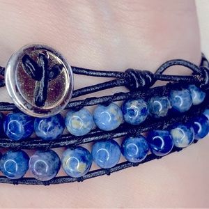 Hand knotted Leather Wraparound, Bracelet Cryst Blue Color Adjustable Length 22"